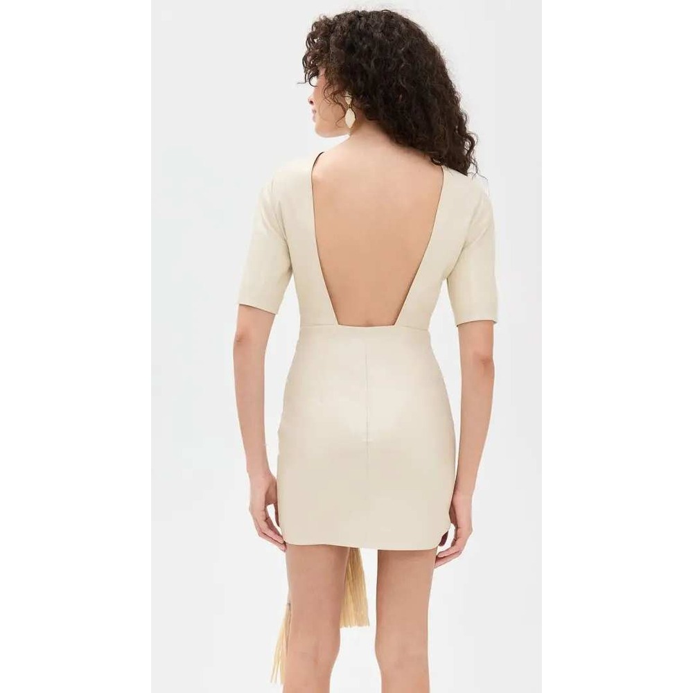 NWT Nanushka Maryl Faux Leather Chalk/Cream Fringe Knot Shift Mini Dress L - Picture 6 of 16